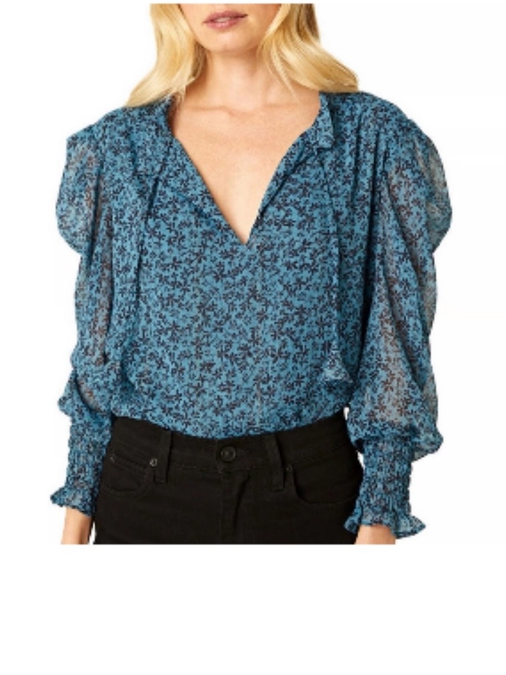 Misa Los Angeles Blue Floral V-Neck Puff-Sleeve Blouse